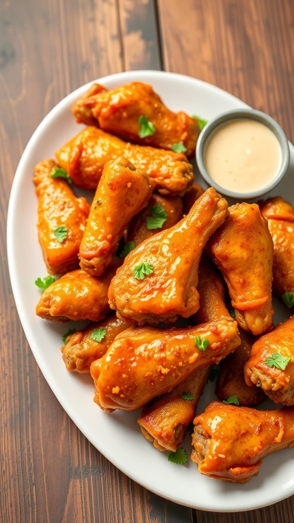 Crispy Healthy Air Fryer Chicken Wings Recipe Crispy air fryer chicken wings garnished with parsley on a white platter with dipping sauce.